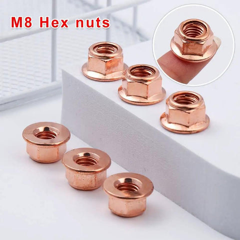 Heavy Duty 12 Pack M8 Hex Nuts For Exhaust Manifold Copper Flashed Engine Hardware High Heat Resistant Fastener Kit displaying multiple nuts