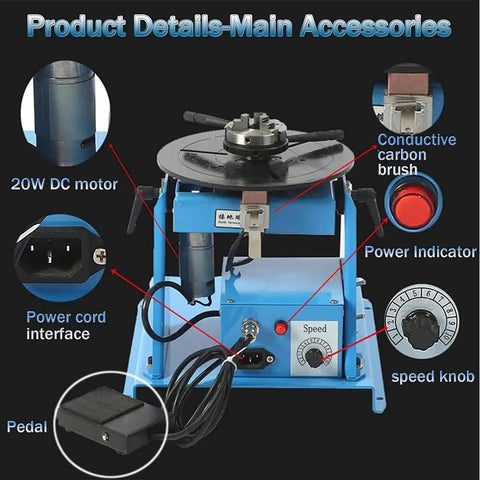 Top Shelf Heavy Duty Welding Positioner With Slick 360 Degrees Rotary Turntable And Variable Control 0 To 90 Degree Tilt Plus Foot Pedal And Chuck For Pro Pipe And Welding accessories close-up, including motor and controls.