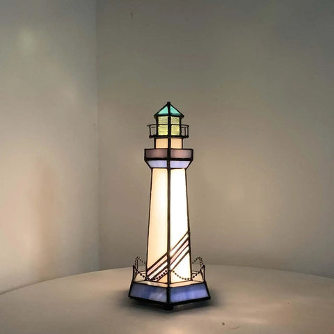 Blue Lighthouse Tiffany Style Stained Glass Table Lamp 5x5x11 Inch Accent Night Light For Home Decor 2700K LED USB Power
