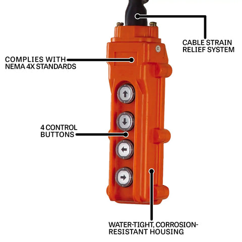 Workhorse Four Button Control Pendant With 20 Foot Cord For Electric Hoists And Trolleys, 24 Volt Watertight NEMA 4X Push Button Controller
