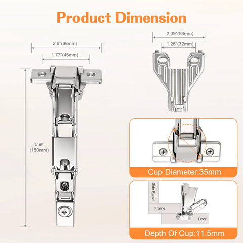 Straight Up Heavy Duty Soft Close Cabinet Hinges For Full Overlay Kitchen Doors and Closet Folds Smooth As Butter Steel Build dimensions including cup size.