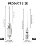 Grease gun tips set: 2 large tips and 4 narrow needles in metal, shown in front and side views.
