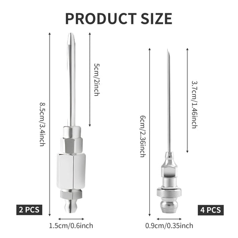 Grease gun tips set: 2 large tips and 4 narrow needles in metal, shown in front and side views.