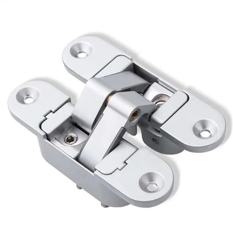 Two Pack Invisible Door Hinges For Wooden Doors, Concealed 180 Degree Swing Hinges For Inside And Outside Opening, shown in silver