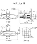 Technical dimensions of MS309 T Shape Compression Rotary Industrial Cabinet Lock with keyed alike feature and diecast alloy material