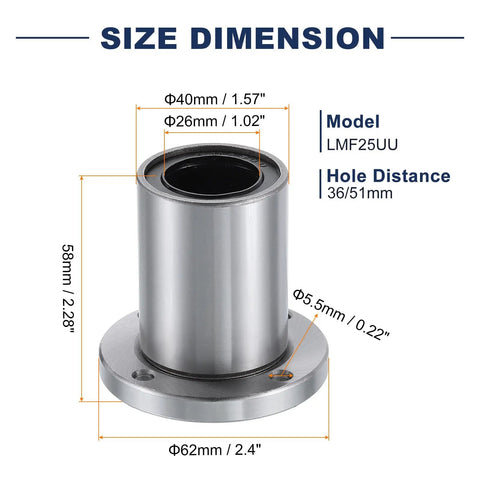 Dimensional diagram of LMF25UU Linear Ball Bearing Set 26mm Bore and 40mm OD 58mm Length with Nickel Plated Round Flange for CNC and 3D printers.