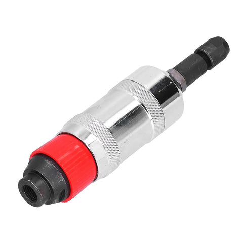 Straight Up Heavy Duty Air Die Grinder With Alloy Steel Housing And Precision Matched Motor Assembly Running Smooth As Butter And Kicking Serious Grinding Power, close-up view showing alloy steel housing and red grip.