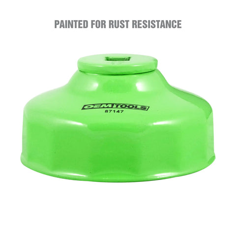 76 Millimeter 14 Flute Oil Filter Wrench for Easy Oil Changes Reinforced Three Eighths Inch Drive shown in green color