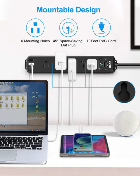Two Pack Surge Protector Power Strips With 10 Foot Heavy Duty Extension Cord, Five Widely Spaced Outlets And Three USB Ports shown on desk