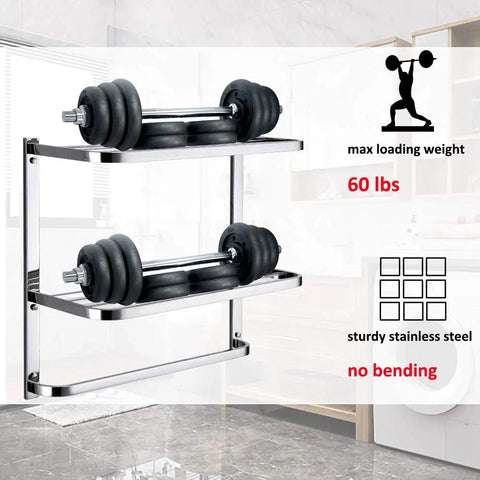 Three Tier Bathroom Shelf With Towel Bars Wall Mount Rack Stainless Steel SUS304 Rust Proof Polished Chrome Finish 20 Inch