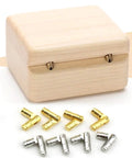 Concealed Furniture Hinges Set 50 Pcs Gold And Silver Mini Cylindrical Hinges With Screws For Jewelry Boxes Cabinets And Folding Doors Retro Style Track Design For Smooth Quiet Open Close, displayed with a wooden box and hinges in front