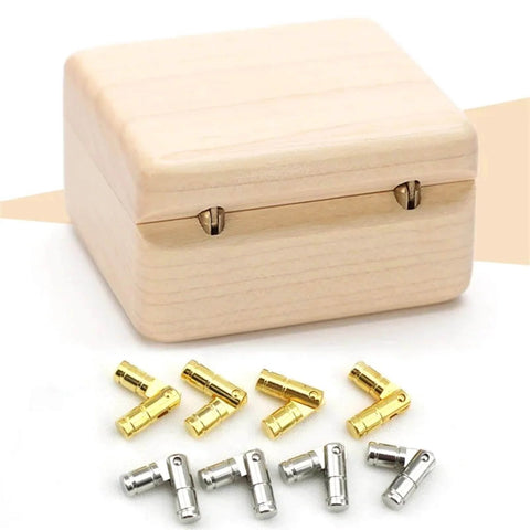 Concealed Furniture Hinges Set 50 Pcs Gold And Silver Mini Cylindrical Hinges With Screws For Jewelry Boxes Cabinets And Folding Doors Retro Style Track Design For Smooth Quiet Open Close, displayed with a wooden box and hinges in front