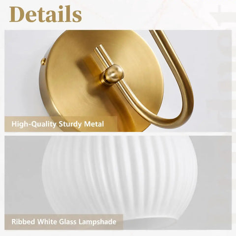Close-up of BOKT Ribbed Glass Battery Operated Wall Sconce Set of 2 with 12 RGB Colors showing brass arm and ribbed glass shade.