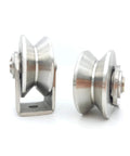 V Groove Wheel Heavy Duty Stainless Steel Caster With Bracket For Sliding Gates Rolling Gates Inverted Track And Industrial Machines High Load Capacity And Corrosion Resistant Design front and side view