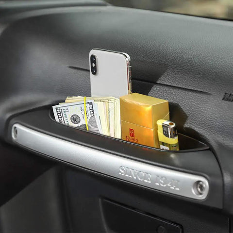 Passenger Storage Tray Organizer For 2011 To 2018 Jeep Wrangler JK JKU Two And Four Door Grab Tray With Grab Handle Easy Install Interior Accessories Black showcasing phone and items