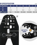Close-up of jaw specification chart for Open Barrel Lug Crimping Tool For Battery Cables Pro Grade Heavy Duty B Type Crimper.