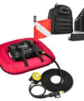 Tankless Underwater Breathing System With Rechargeable Waterproof Air Compressor And Regulator, red float, hose, bag, flag