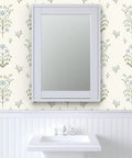 Premium Floral Meadow Wallcovering With A Subtle Matte Linen Texture Hits Different Across Every Room Built Tough For Busy Households Featuring No Sweat Paste To Paper Install showcasing a mirrored cabinet above a sink.