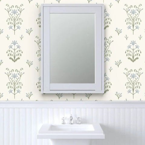 Premium Floral Meadow Wallcovering With A Subtle Matte Linen Texture Hits Different Across Every Room Built Tough For Busy Households Featuring No Sweat Paste To Paper Install showcasing a mirrored cabinet above a sink.
