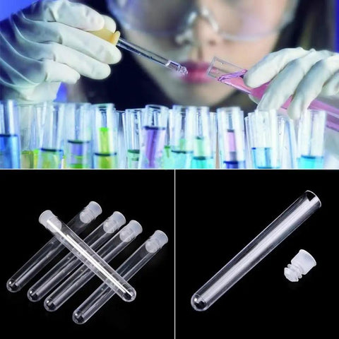 50 Pcs Clear Plastic Test Tubes With Rack And Caps, 16x100mm 10ml Capacity, used in science experiments, showing organized tubes.