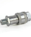 Hydraulic quick coupler, 1/4 in NPT, side view, silver metal with knurled grip rings and hex end