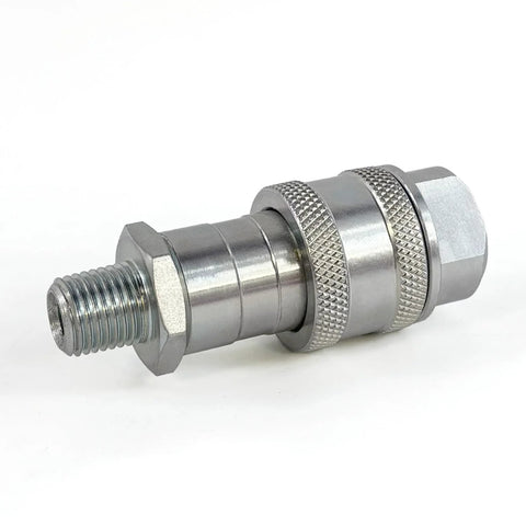 Hydraulic quick coupler, 1/4 in NPT, side view, silver metal with knurled grip rings and hex end