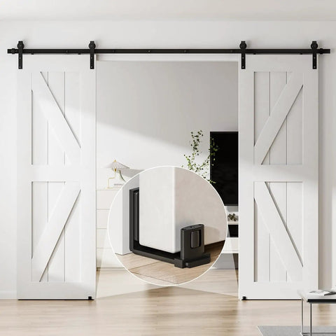 Sliding Barn Door Floor Guide Set With Adjustable U Shape Flexible Flush Design Wall Mounted Black 2 Pack Easy Peasy Install For Smooth Glide Space Saving Hardware Dual Pulley Protection on white barn door