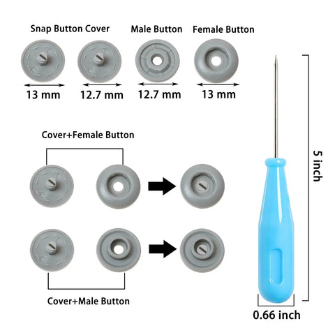Plastic Snap Button Starter Kit With 60 Resin Snaps For Fabric, DIY Clothing Repairs, Bibs, Towels, Wallets, Diapers, Bags And Crafts 13mm No-Sew Snap Closures, Rust-Free, Machine Washable, with snap parts and tool