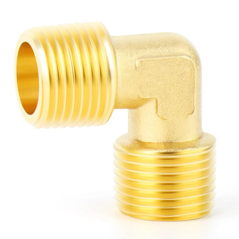 Close-up of Brass 90 Degree Street Elbow Pipe Fitting Set for Plumbing One Half Inch NPT Male To One Half Inch NPT Male Barstock Construction
