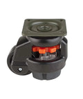 Hardcore Heavy Duty Leveling Casters Four Pack Industrial Support Roller Wheels With Adjustable Threaded Base close-up view of caster with orange adjustment knob.