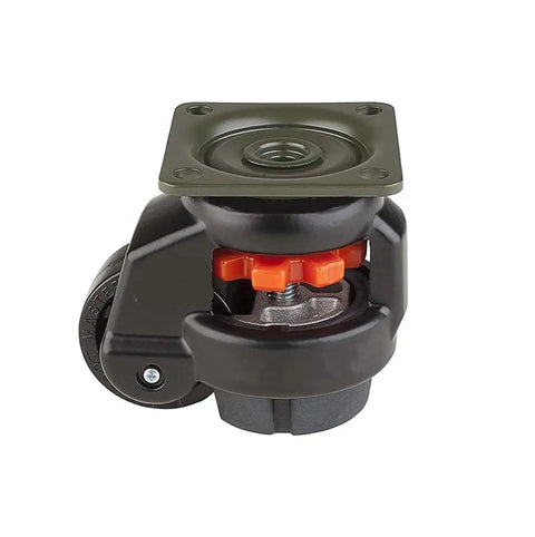 Hardcore Heavy Duty Leveling Casters Four Pack Industrial Support Roller Wheels With Adjustable Threaded Base close-up view of caster with orange adjustment knob.