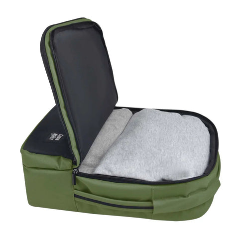 Khaki Under Seat Personal Item Backpack 16x12x6 Inches For WestJet Air Canada Flair Airlines And More Carry On Bag open with clothes inside