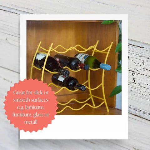 Yellow wine rack on wooden shelf showcasing bottles, with text overlay about using Clear Bonding Primer for laminate, glass, and metal.