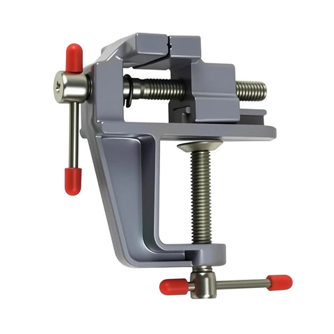 Built Tough Mini Table Vise Crafted From Premium Aluminum Alloy Featuring Wide Flat Jaws For A Killer Hold Quick Bolt Down Setup And Compact Profile with red handle.