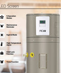 Heavy Duty 50 Gallon Electric Hybrid Heat Pump Water Heater For Residential Basements And Garages with LED screen for operation settings.