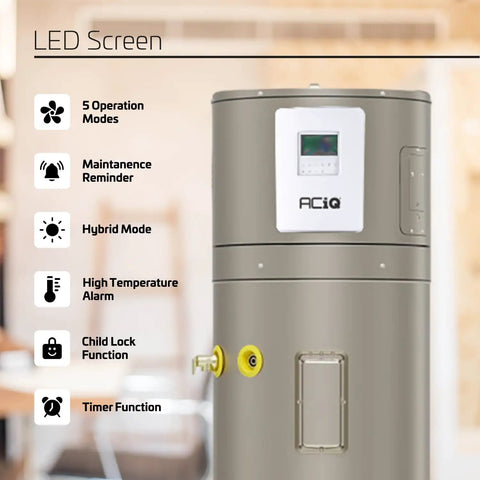 Heavy Duty 50 Gallon Electric Hybrid Heat Pump Water Heater For Residential Basements And Garages with LED screen for operation settings.