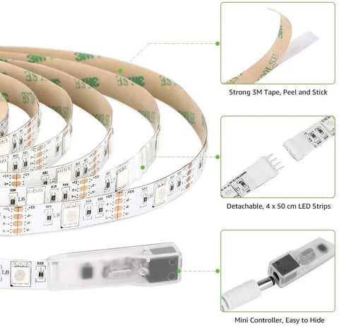 Led TV Backlight Kit Plug And Play With USB Power 6.56Ft RGB Color Changing Lights and detachable LED strips with tape