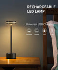 Go To Cordless Battery Powered LED Desk Lamp With Touch Control on bedside table, showing universal USB charging options.