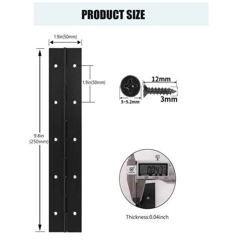 3 Pack Heavy Duty Piano Hinges 10 Inch Black Stainless Steel Long Hinge Rust Resistant Hardware For Cabinets dimensions diagram with screws.