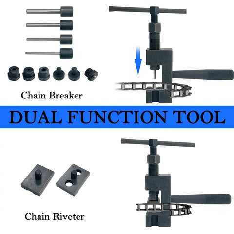 Motorcycle Chain Breaker Set 16 Piece Chain Removal Tool Kit With Chain Cutter And Riveter For Motorcycle ATV Bike Chains 25 To 930 Links Durable Carbon Steel Construction, showing chain breaker and riveter tool details.