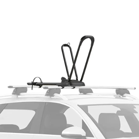 Rooftop Upright Bike Mount Carrier For Wheelbases Up To 52 Inches Easy No Fuss Transport With Wheel Only Clamps, mounted on car.