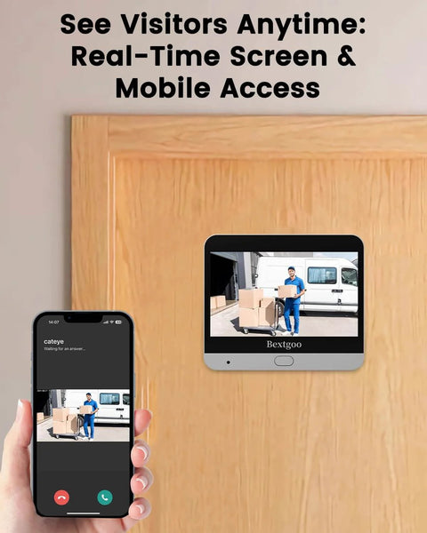 2K Video Peephole Doorbell Camera With 32GB Memory Card And 4 3 Inch Color Monitor 8000mAh Battery 170 Degree Wide View Motion Detection Alerts And Night Vision For Easy No Brainer Home Door Camera System showing real-time screen and mobile access