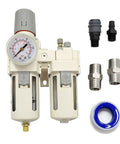 Dual Half Inch NPT Air Filter Regulator Lubricator All In One With Gauge 0 To 150 PSI Water Oil Trap Separator Semi Auto Drain Poly Bowl With Metal Guard Bracket front view