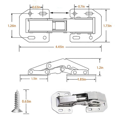 Soft Close Hidden Hinges For Frameless Cabinet Doors 12 Pack, concealed surface mount dimensions with screws and hinge profile view