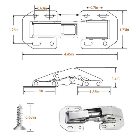 8 Pack Soft Close Hidden Cabinet Hinges For Frameless Doors 4 Inch Concealed Surface Mount With Built In Hydraulic Damping And Slow Close For Quiet Cabinets Rust Resistant Nickel Finish REDYA, with diagram and screw dimensions.