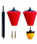 Drill Bit Cone Polisher Pro Grade Kit With Memory Foam Cone Sponge, hand-held extension, and polishing tools for cars and rims.
