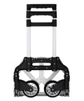 Foldable Aluminum Hand Truck Dolly With 165 Lb Capacity, Rugged Indoor Outdoor Trolley Cart, showing wheels and telescoping handle