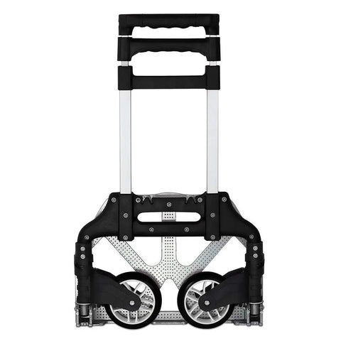 Foldable Aluminum Hand Truck Dolly With 165 Lb Capacity, Rugged Indoor Outdoor Trolley Cart, showing wheels and telescoping handle