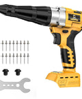 Experience Total Cordless Freedom With This Brushless Electric Rivet Gun Compatible With DeWalt 20V Battery; includes rivets and wrench.