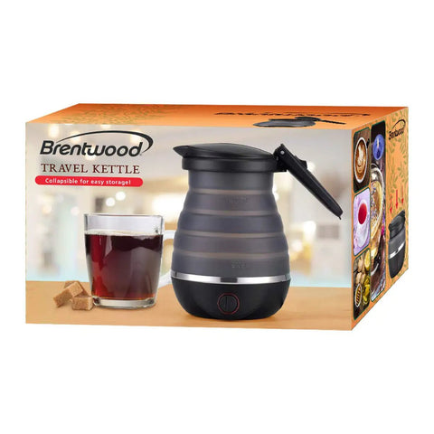 On The Go 0.85 Quart Collapsible Kettle With Dual Voltage Hidden Heating Element Black Finish packaging view